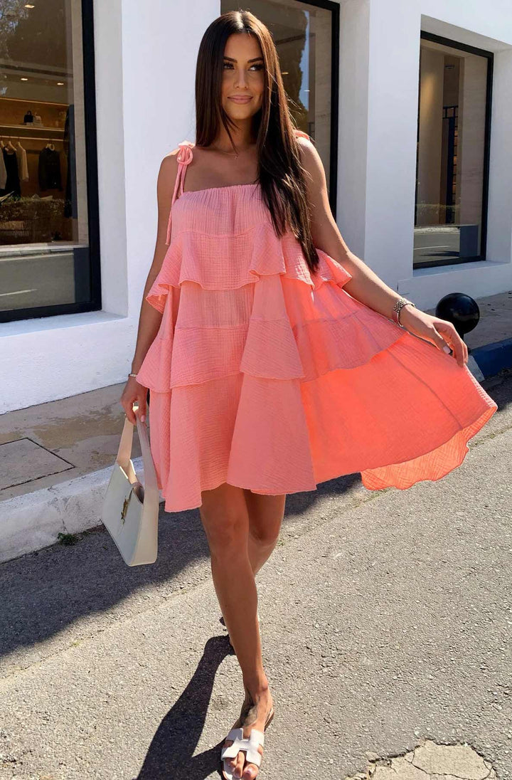 Angela Oversized Plain Tiered Dress-Coral