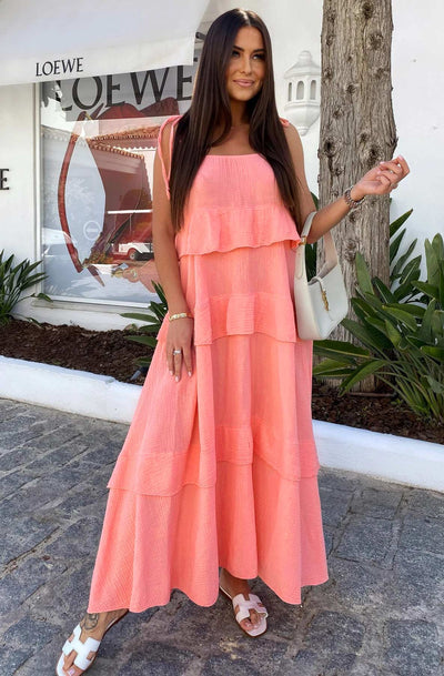 Angela Oversized Plain Tiered Maxi Dress-Coral