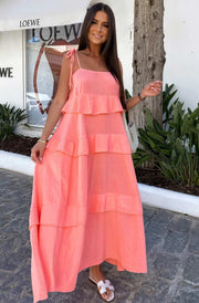 Angela Oversized Plain Tiered Maxi Dress-Coral