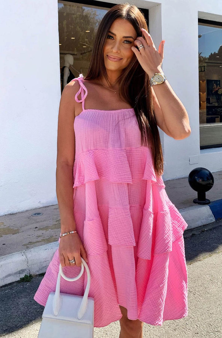 Angela Oversized Plain Tiered Dress-Pink