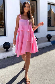 Angela Oversized Plain Tiered Dress-Pink