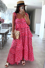 Angela Oversized Leopard Animal Print Tiered Maxi Dress-Pink