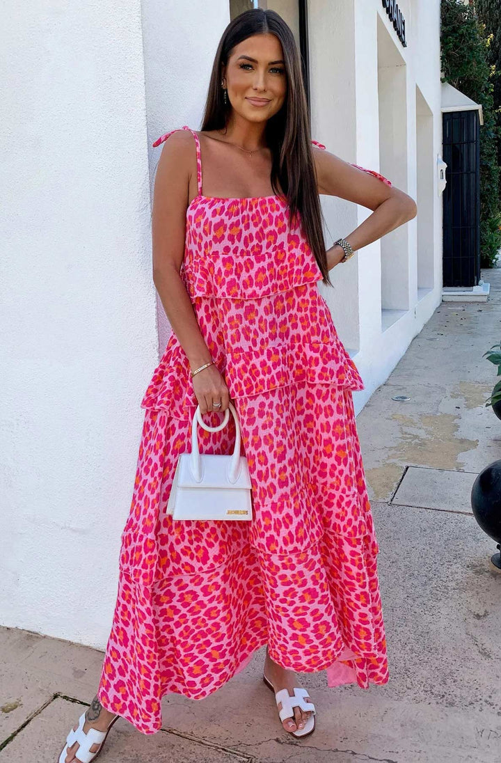 Angela Oversized Leopard Animal Print Tiered Maxi Dress-Pink