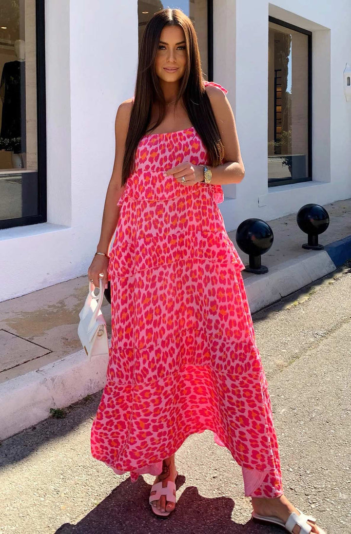 Angela Oversized Leopard Animal Print Tiered Maxi Dress-Pink