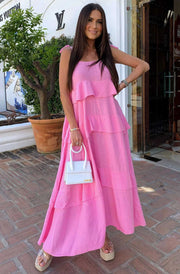 Angela Oversized Plain Tiered Maxi Dress-Pink