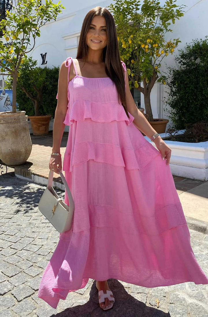 Angela Oversized Plain Tiered Maxi Dress-Pink