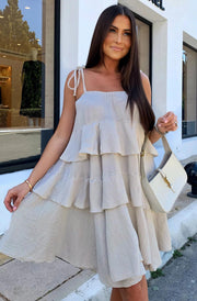 Angela Oversized Plain Tiered Dress-Stone