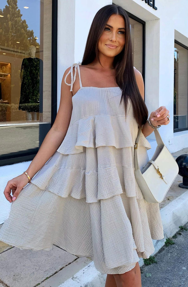 Angela Oversized Plain Tiered Dress-Stone
