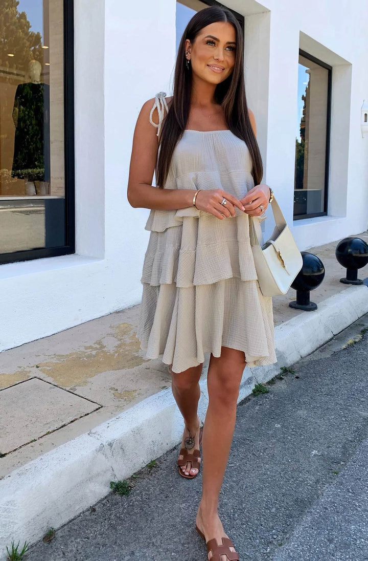 Angela Oversized Plain Tiered Dress-Stone