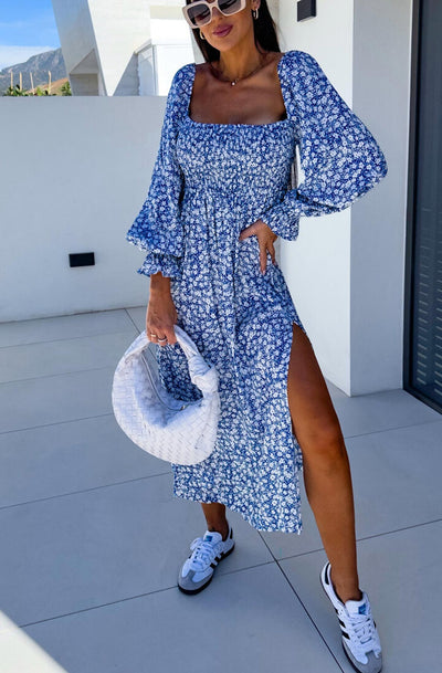 Angelica Shirred Floral Side Slit Midaxi Dress-Blue