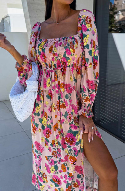Angelica Shirred Floral Side Slit Midaxi Dress-Multi