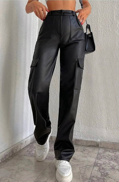 Angie PU Leatherette Wide Leg Cargo Trousers-Black