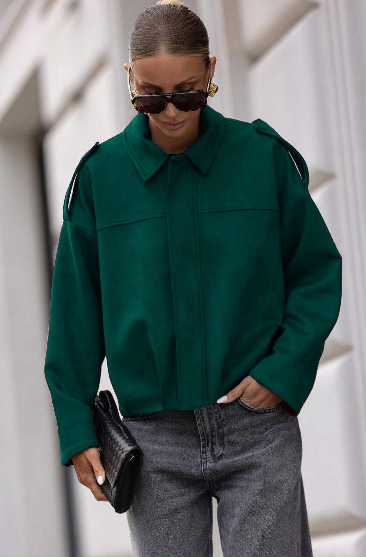 Anika Oversized Suede Bomber Jacket–Bottle Green