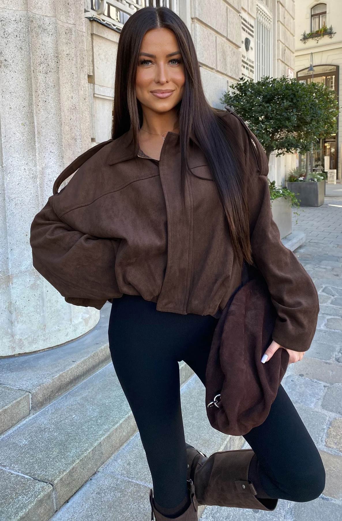 Anika Oversized Suede Bomber Jacket-Chocolate