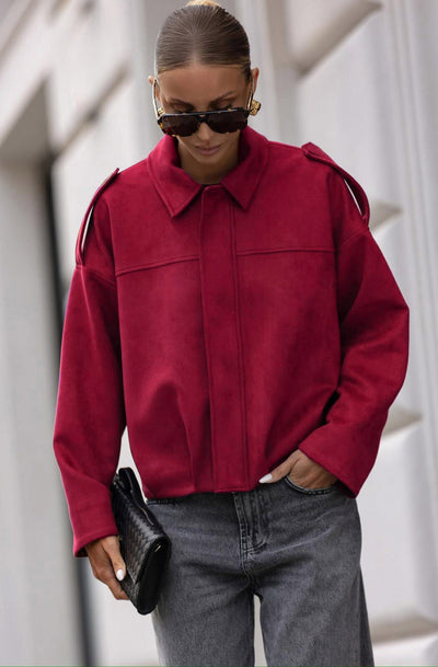 Anika Oversized Suede Bomber Jacket–Red