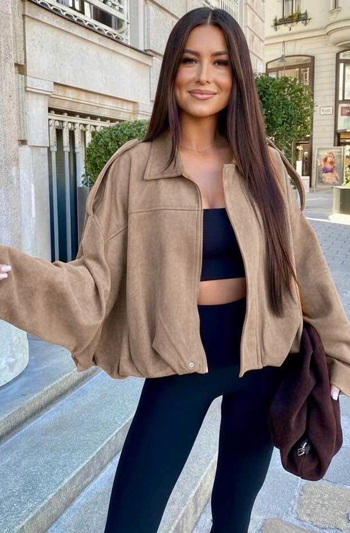 Anika Oversized Suede Bomber Jacket-Stone