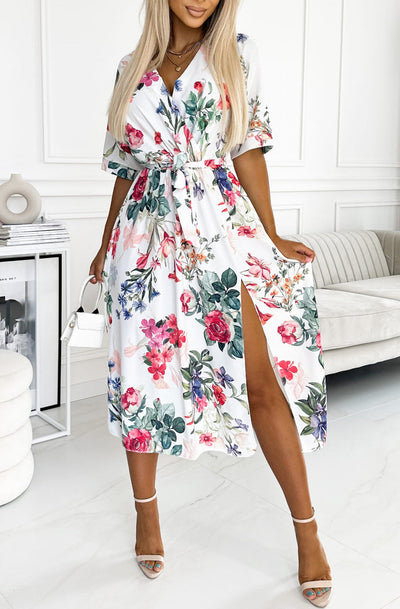 Anita Floral Side Slit Midaxi Dress-Ivory