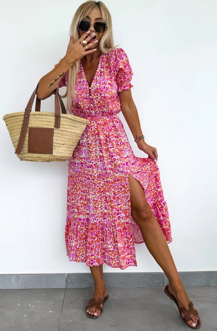 Anna Floral Side Slit Midaxi Dress-Pink