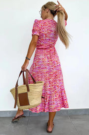 Anna Floral Side Slit Midaxi Dress-Pink