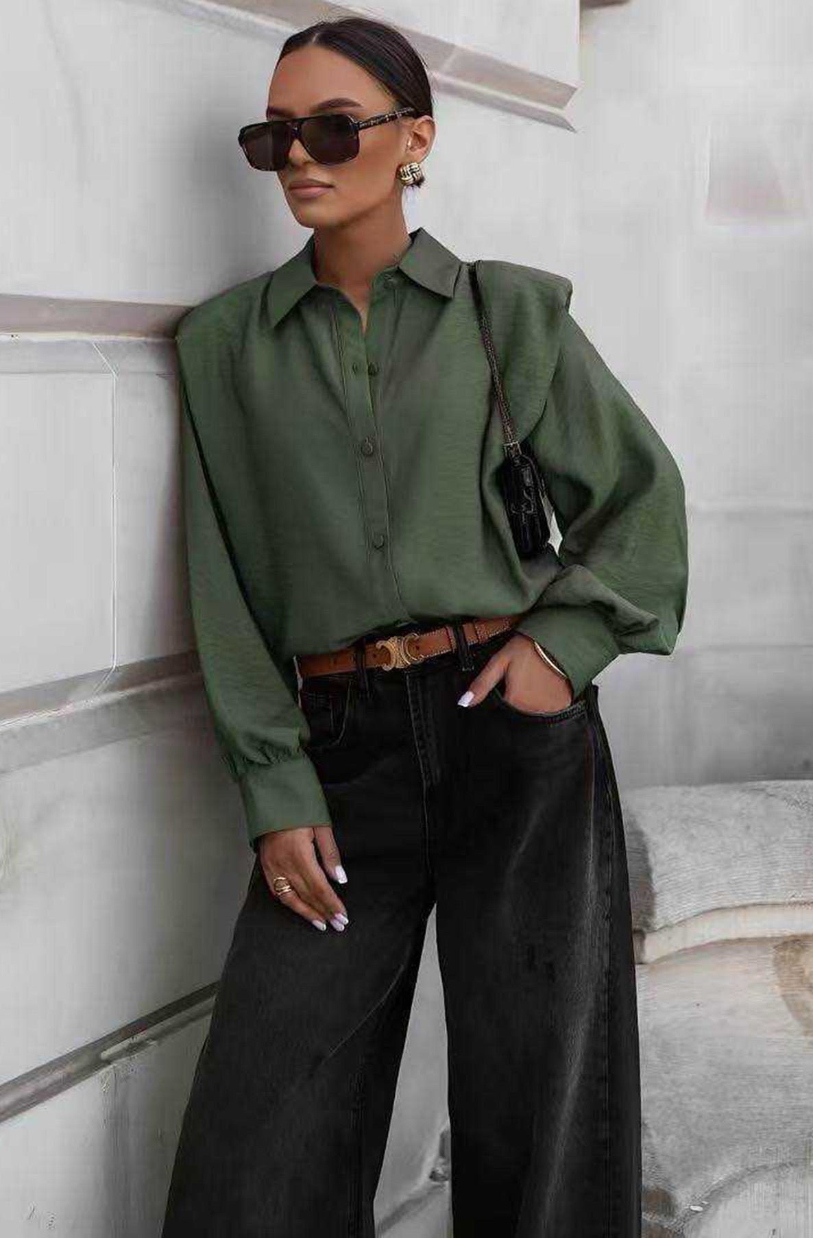 Arietta Padded Shoulders Panel Shirt Blouse-Khaki