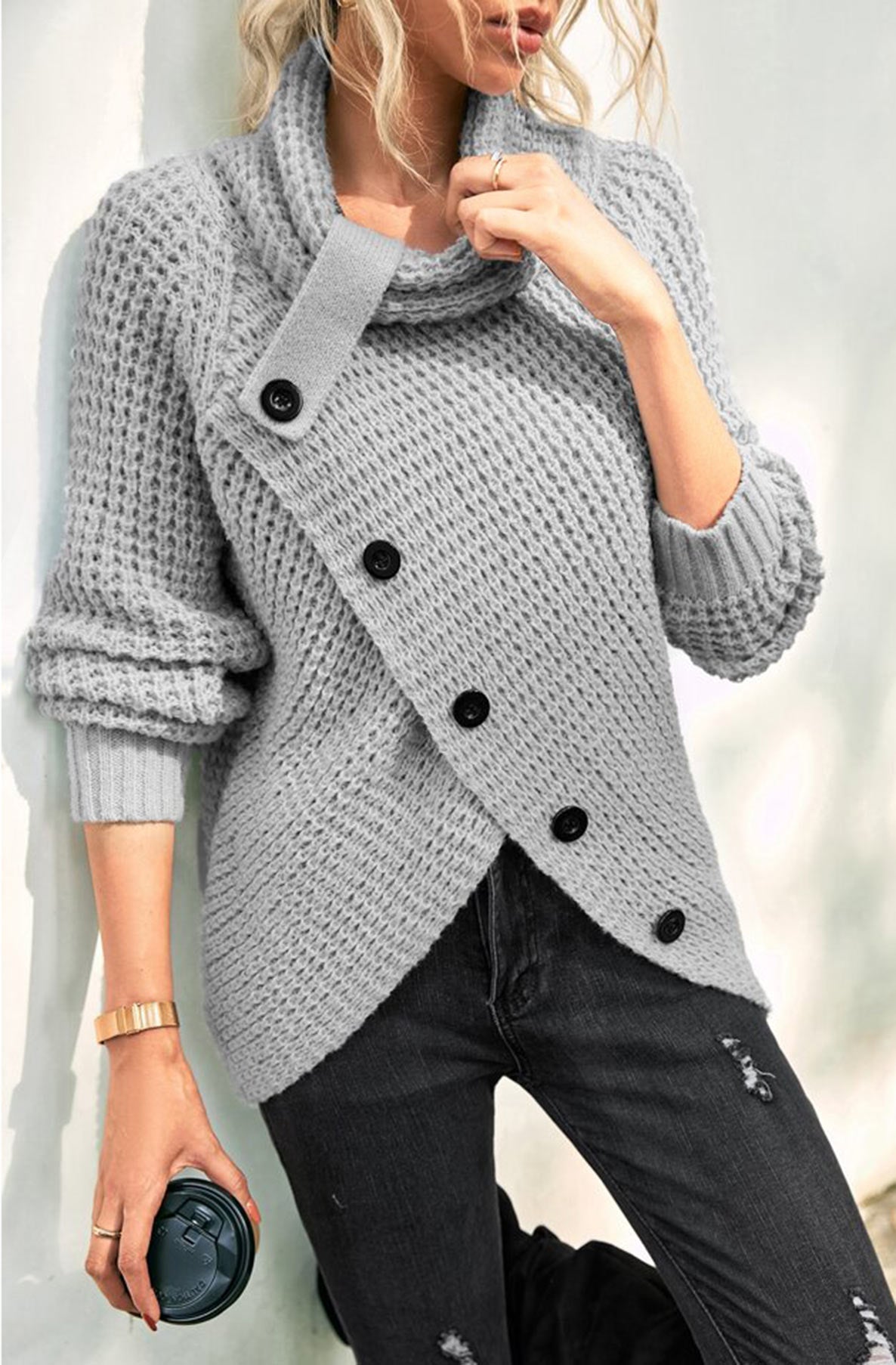 Arlene Cowl Neck Asymmetric Pullover Sweater Top-Grey
