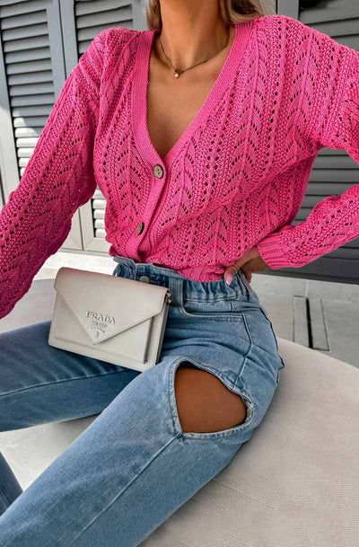 Arlina Crochet Knitted Light Wear Cardigan-Hot Pink