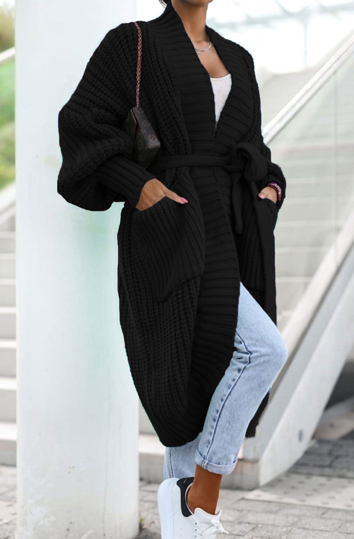Arya Longline Belted Knitted Cardigan-Black