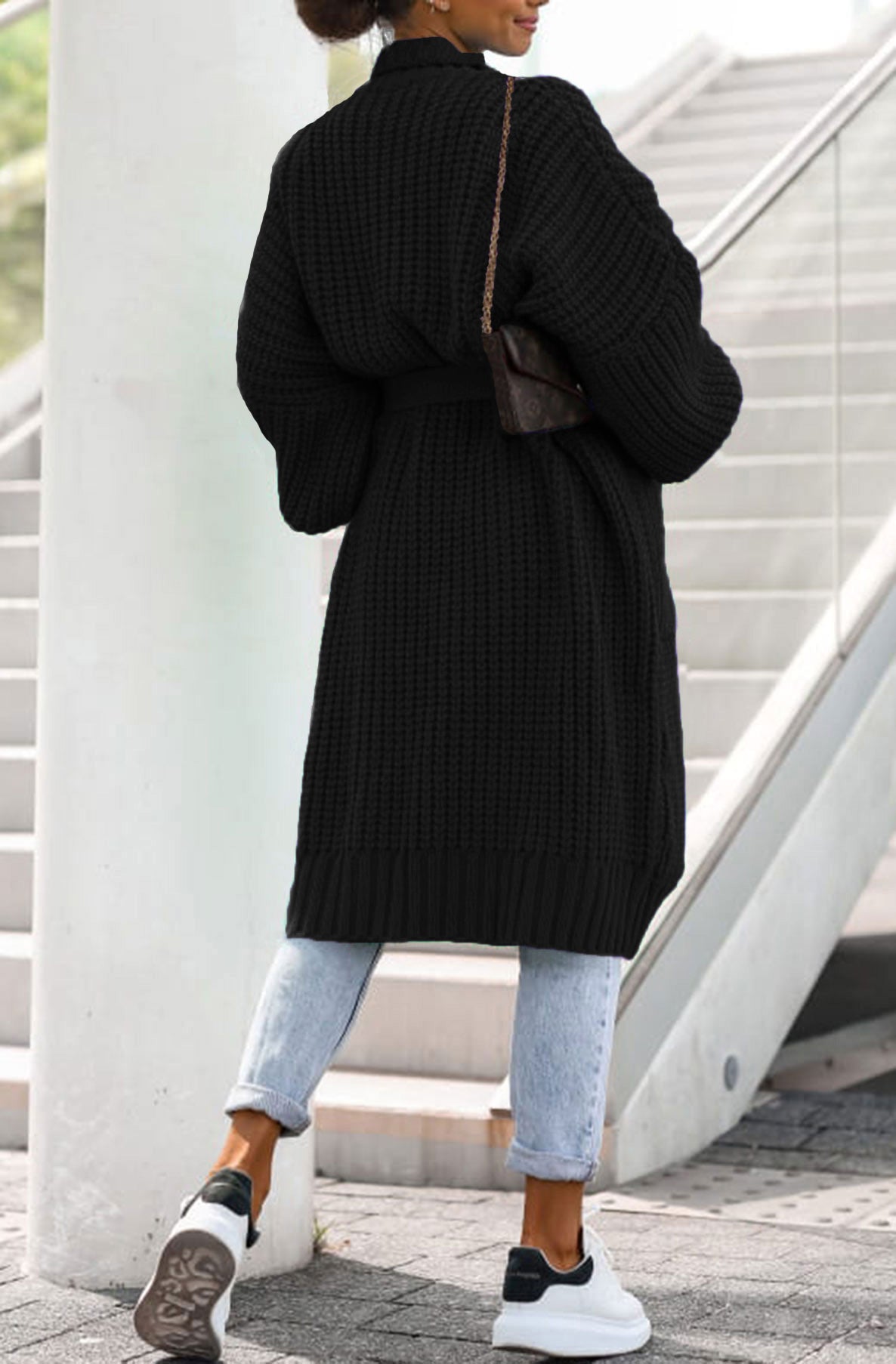 Arya Longline Belted Knitted Cardigan-Black