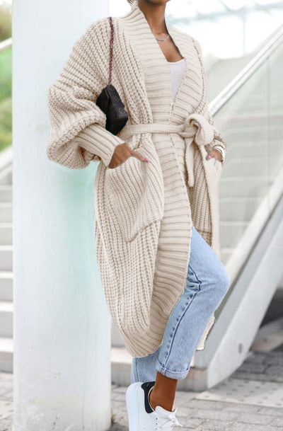 Arya Longline Belted Knitted Cardigan-Cream