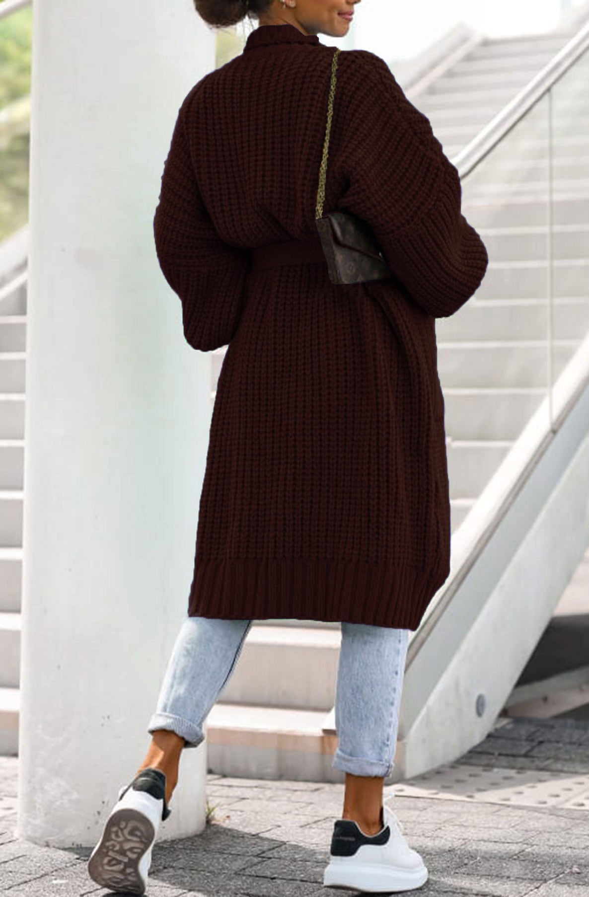Arya Longline Belted Knitted Cardigan-Dark Brown