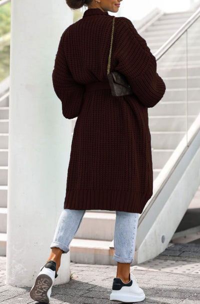 Arya Longline Belted Knitted Cardigan-Dark Brown