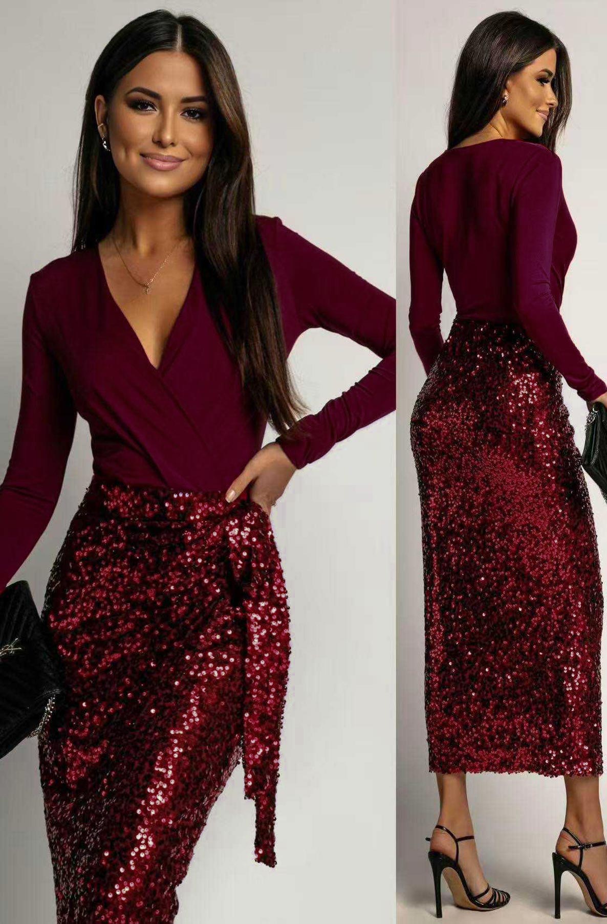Aureline Sequin Wrap Long Sleeve Midi Dress-Wine