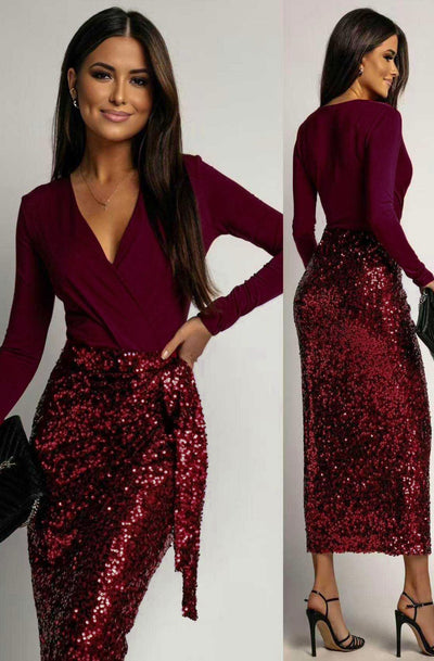 Aureline Sequin Wrap Long Sleeve Midi Dress-Wine