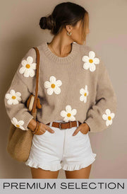 Autumn ‘Daisy’ Embroidered Knit Sweater Jumper-Stone
