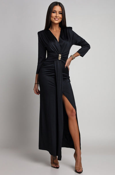 Aveline Front Ruched Jewel Belt Maxi Dress-Black