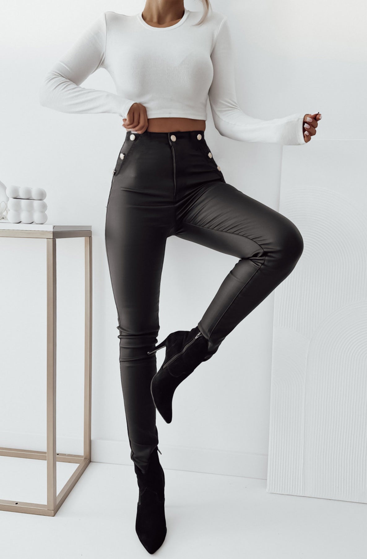 Ayda Faux Leather Button Detail Trousers-Black