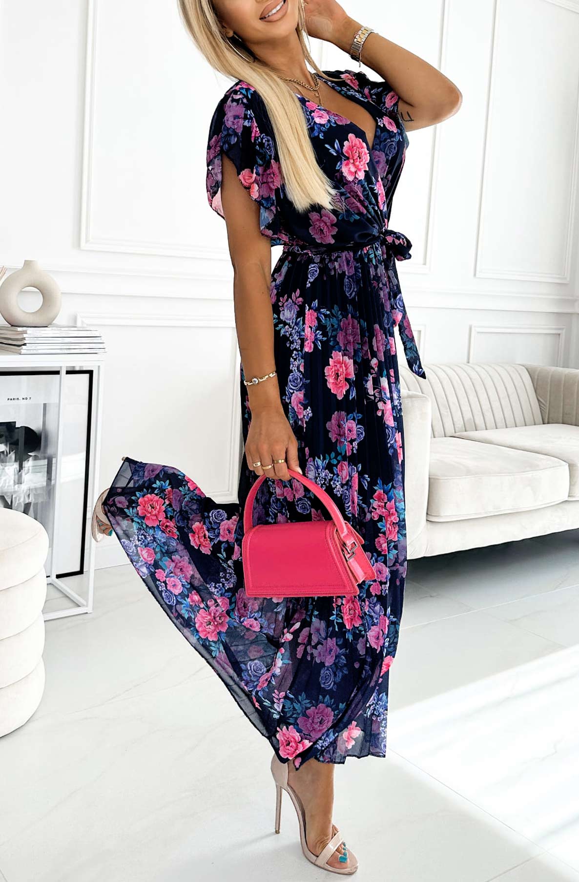 Azura Floral Chiffon Pleated Maxi Dress-Black