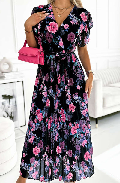 Azura Floral Chiffon Pleated Maxi Dress-Black