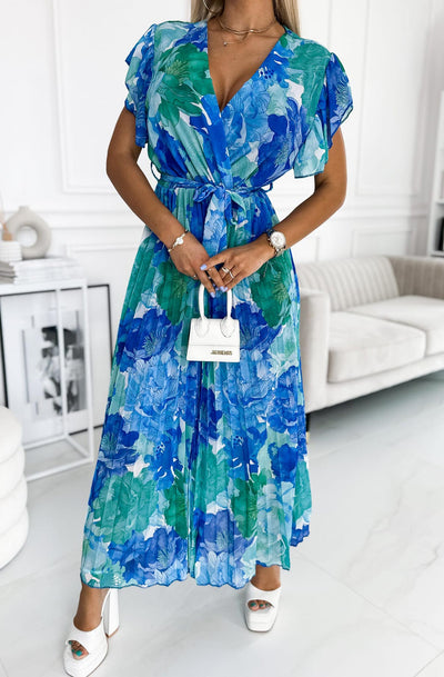 Azura Floral Chiffon Pleated Maxi Dress-Blue