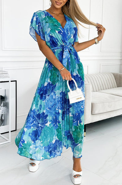 Azura Floral Chiffon Pleated Maxi Dress-Blue