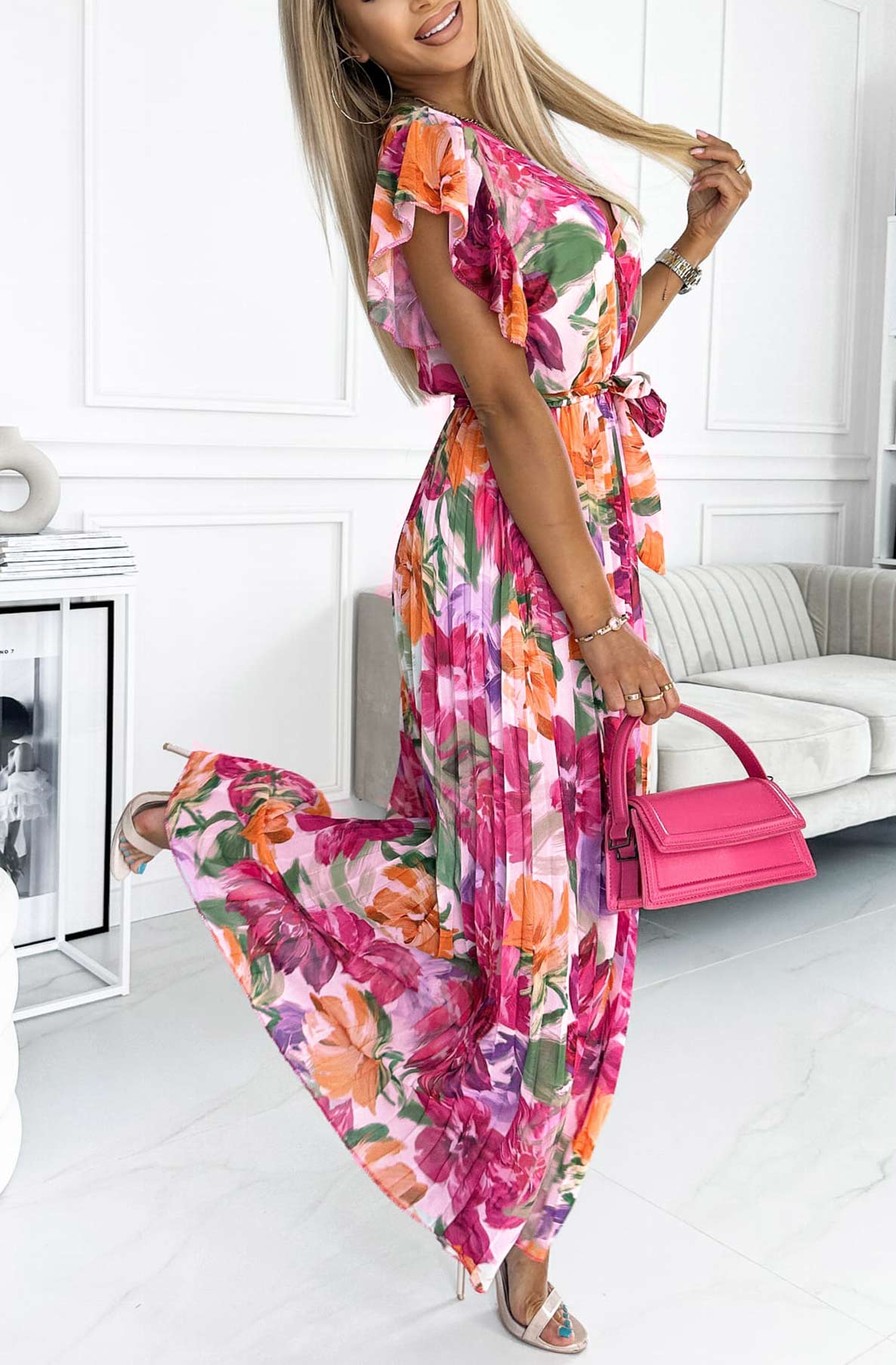 Azura PLUS SIZE Floral Chiffon Pleated Maxi Dress-Pink