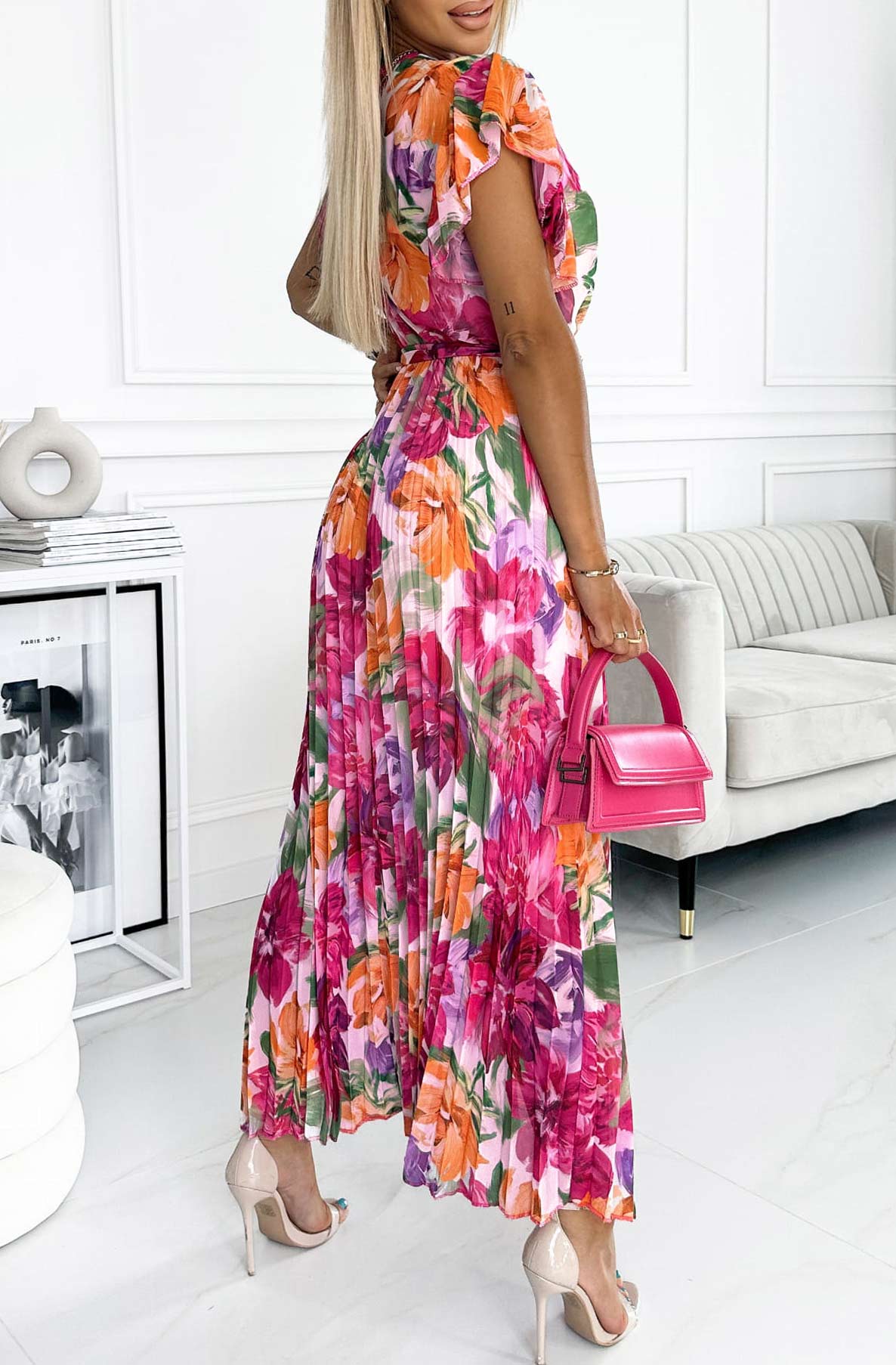 Azura Floral Chiffon Pleated Maxi Dress-Pink