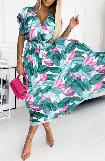 Azura Floral Chiffon Pleated Maxi Dress-Teal