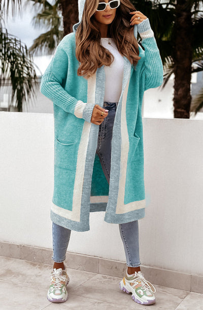 Bahira Longline Colour Block Knitted Cardigan-Turquoise