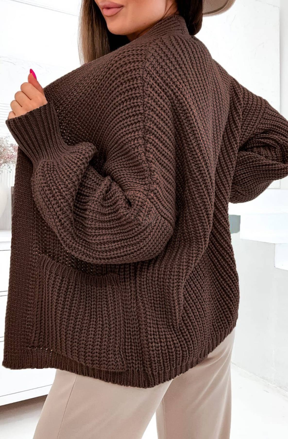 Bella Pocket Detail Knitted Cardigan-Dark Brown