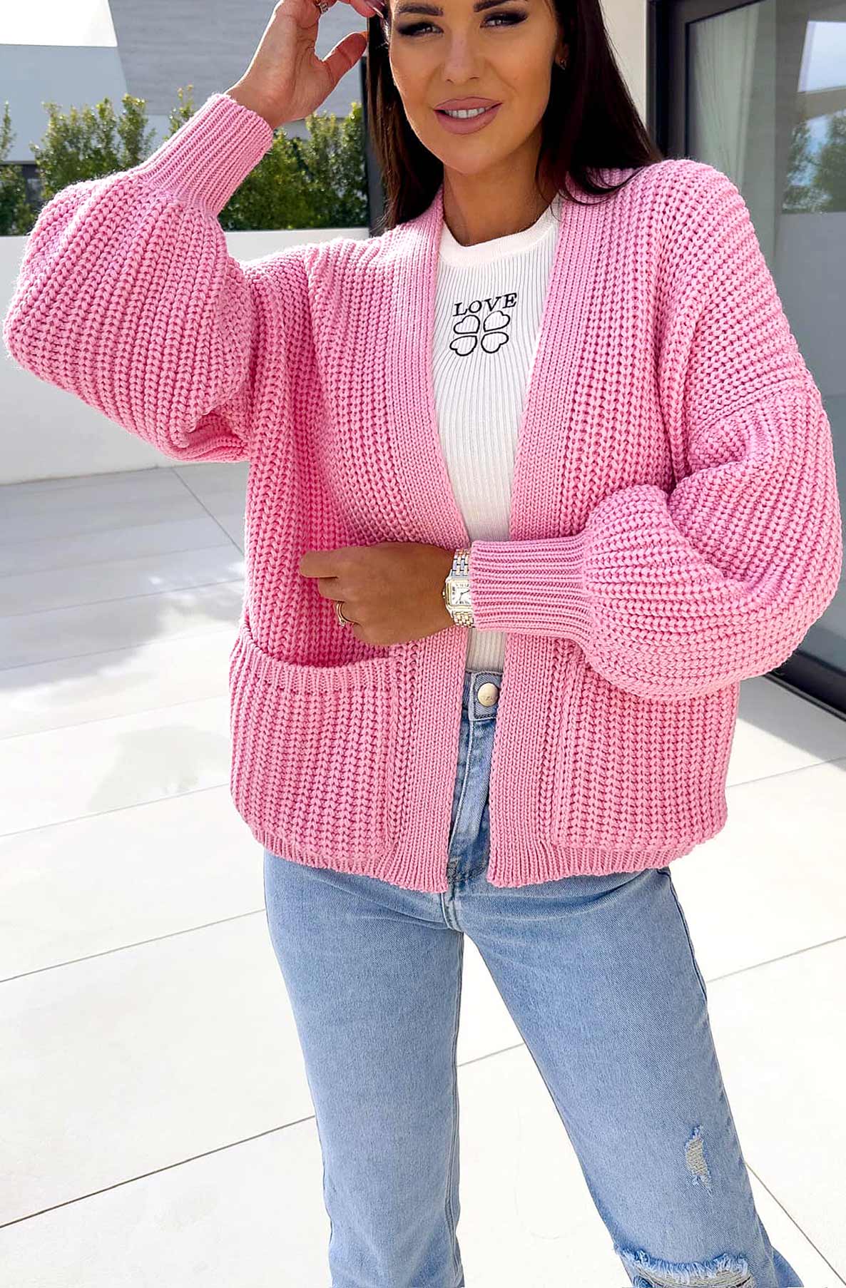 Bella Pocket Detail Knitted Cardigan-Pink