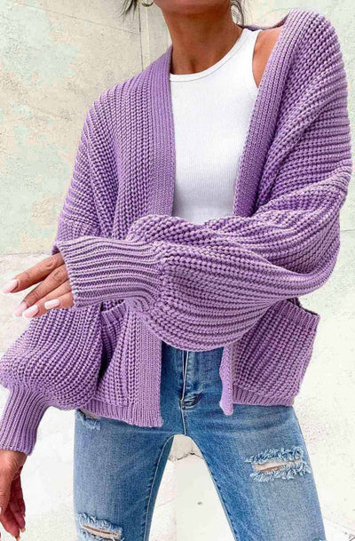 Bella Pocket Detail Knitted Cardigan-Purple