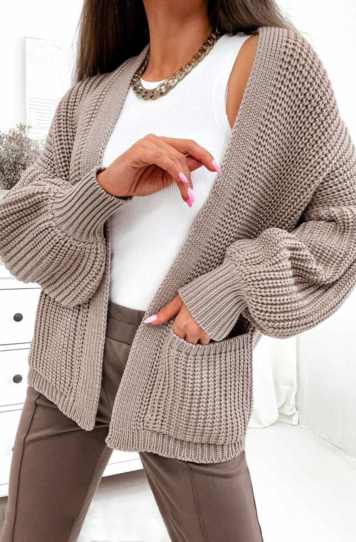 Bella Pocket Detail Knitted Cardigan-Stone