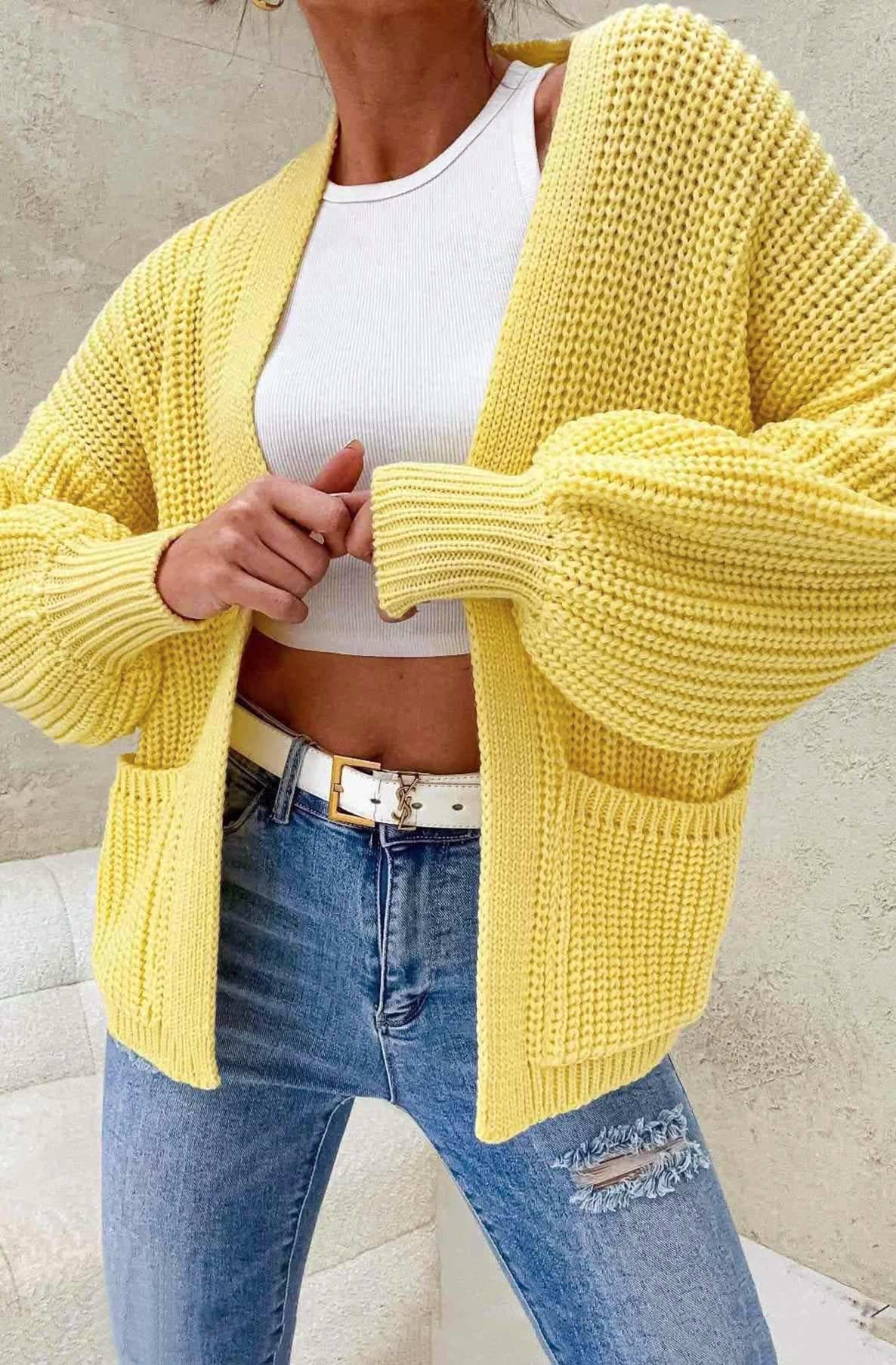 Bella Pocket Detail Knitted Cardigan-Yellow