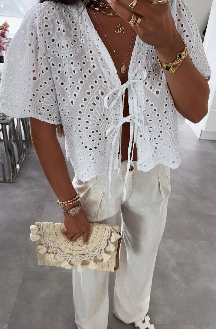 Belle Broderie Style Scalloped Hem Tie-Up Top-Ivory